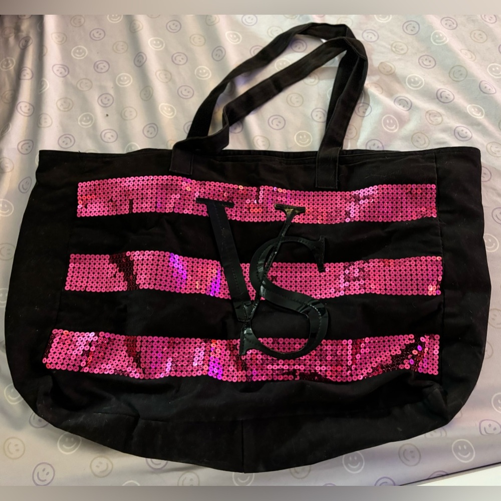 Victoria’s Secret xl black tote bag with pink sequins